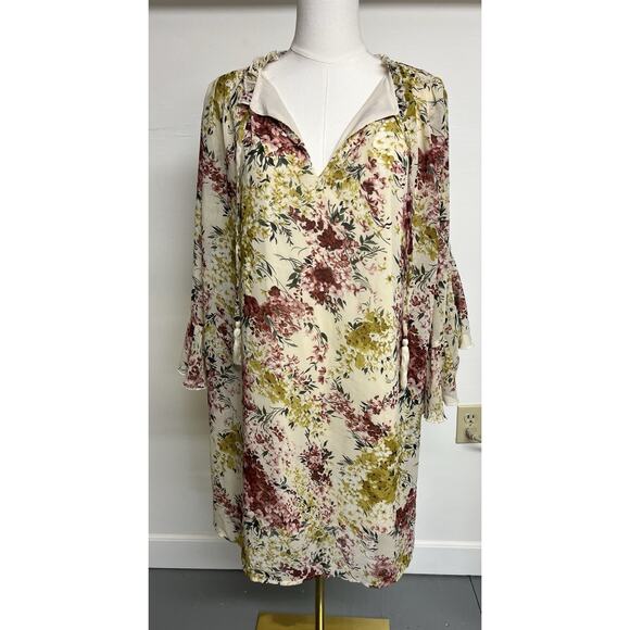 Umgee Cream Floral Dress Size L Bell Sleeves Tassles Flowy Feminine Romantic - Picture 1 of 11